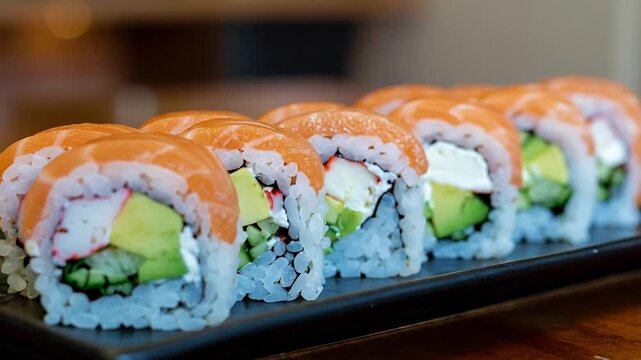 Close Up Sushi Rolls Arrangement on Black Plate with Fresh Salmon and Avocado