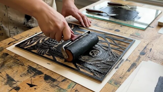 Artist hands applying black ink to a finely carved woodcut block with a roller, preparing the relief printing surface on a rustic wooden table in a brightly lit studio