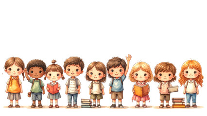 Happy group of children, family, and friends holding hands, smiling, raising hands