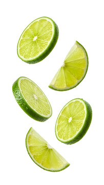 A dynamic arrangement of fresh green lime slices floating