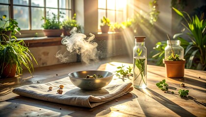 Steam aromatherapy bowl with herbs.