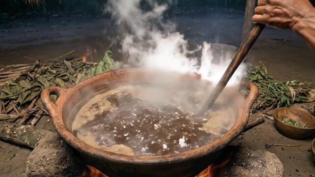 Indigenous shaman stirring a traditional ayahuasca brew in a large clay pot over an open fire, surrounded by medicinal plants and palm leaves inside a rustic jungle hut
