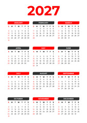 2027 Calendar in Beautiful Red and Black Shape