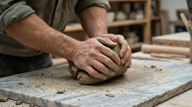 Artist hands kneading a large lump of natural clay on a marble slab in a studio, preparing and conditioning the material for pottery and ceramic work with focused, skilled manual technique