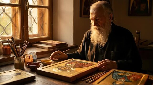 Caucasian old man monk painting religious icon. Spirituality and old craft of icon painting at monastery workshop.
