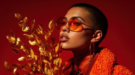 A woman wearing orange clothing and sunglasses is holding a gold leaf. The image has a warm and vibrant mood, with the orange and gold colors creating a sense of energy and excitement