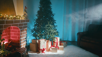 Beam of Light Illuminates Christmas Tree Next to Fireplace