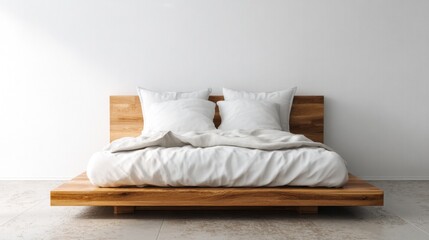 A wooden bed with white pillows and a white comforter. The bed is in a room with a white wall