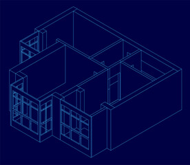 Detailed house blueprint on a blue background displays the architectural layout, including room contours and apartment plan.