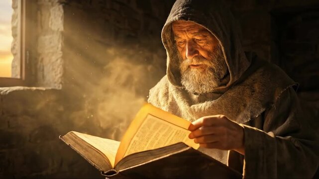 Old bearded man monk reading ancient book in a sunlit stone room for deep religious study and historical research