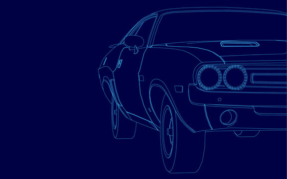 Fototapeta A classic blue muscle car with a glossy finish stands out against a dark blue background. Its sleek contour, detailed grille, and prominent headlights are clearly visible.