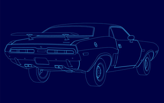 Fototapeta Blueprint illustration of a vintage muscle car on a solid blue background. The detailed contour drawing clearly shows the headlights, iconic grille, and classic wheels.