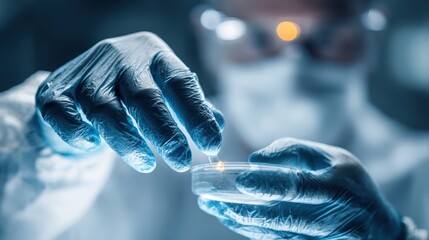 Scientist conducts experiment with petri dish and dropper in laboratory setting during daytime hours