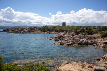 Rocks and water on the beach of San Silverio, Sardinia, Italy.