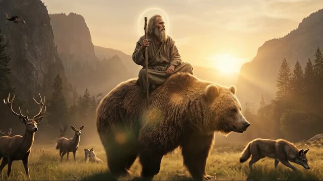 Saint ascetic man riding bear, with halo, through animal filled mountain valley at sunset for spiritual journey.