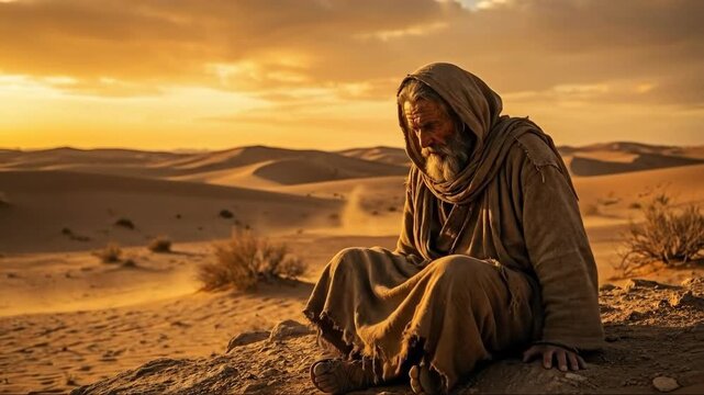 Old man deep in thought sitting on desert hill during golden hour, spiritual journey and ascetic monk lifestyle concept