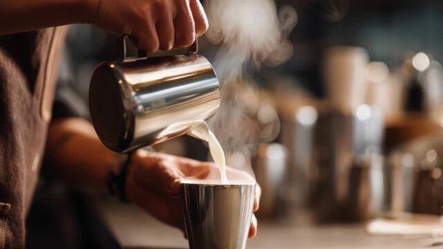 Banner of barista hand making a cup of coffee. Copy space for text, logo, brand or promo. Coffee shop service concept. Local business and barista profession. Close-Up. Milk Frothing Pitcher with Steam
