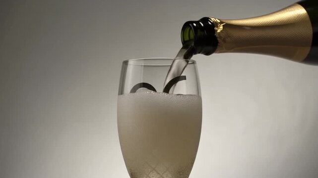 Glass engraved with the number 96. Champagne bottle fills the glass with alcohol. Celebrating milestone, anniversary or birthday