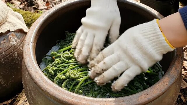 Hands in gloves layering freshly foraged bracken fiddleheads with coarse salt into a traditional korean onggi jar for fermentation and long-term rustic preservation