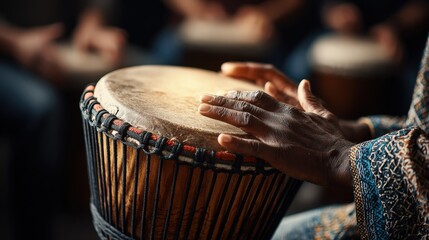 Drumming session takes place in a gathering focused on music and rhythm with participants engaged in playing traditional instruments