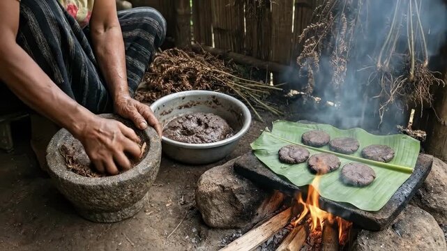 Indigenous woman's hands preparing traditional food by grinding ingredients in a mortar and pestle, cooking flatbreads on a banana leaf over a rustic campfire setup