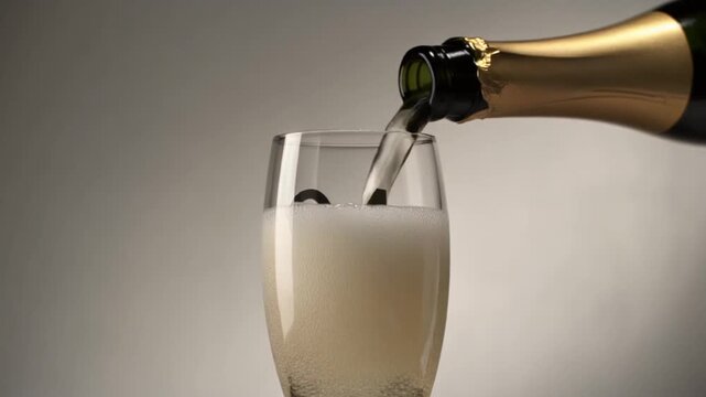 Glass engraved with the number 94. Champagne bottle fills the glass with alcohol. Celebrating milestone, anniversary or birthday