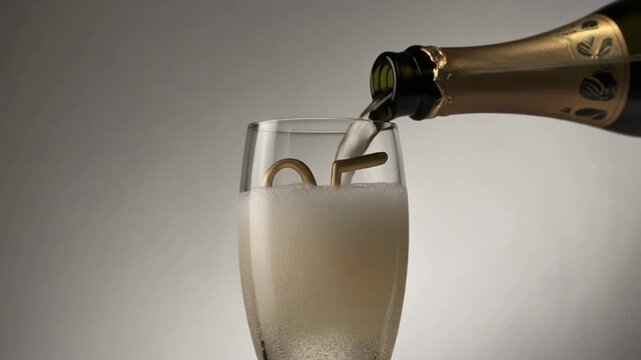 Glass engraved with the number 95. Champagne bottle fills the glass with alcohol. Celebrating milestone, anniversary or birthday