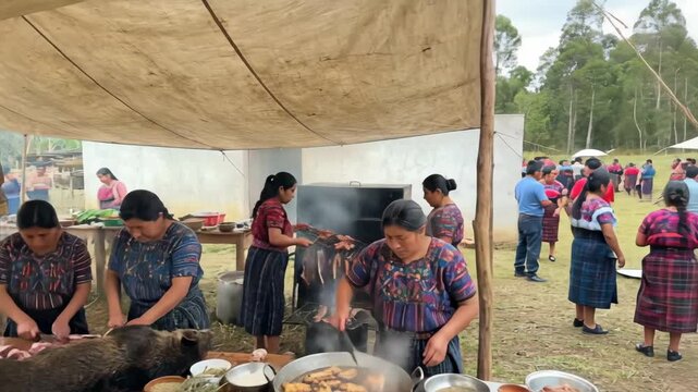 Indigenous women butcher and cook a wild boar over open fires and in large pots under a tent in guatemala, preparing a communal feast with traditional methods and textiles
