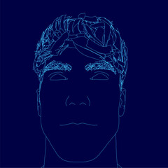 A blue line drawing of a man's face, set against a dark blue background for a modern fashion or contour concept.