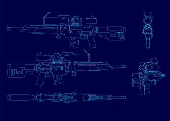 Modern sniper rifle blueprint with detailed contour lines on a solid blue background. Key components like the barrel, scope, and stock are clearly defined for technical illustration.
