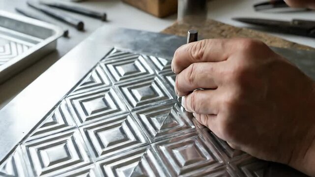 Artisan hands create intricate patterns on a metal sheet using a hammer and chisel, demonstrating traditional metalworking techniques in a workshop setting