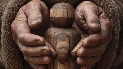 Hands hold a wooden figure in a craft setting with a focus on texture and detail captured under soft lighting