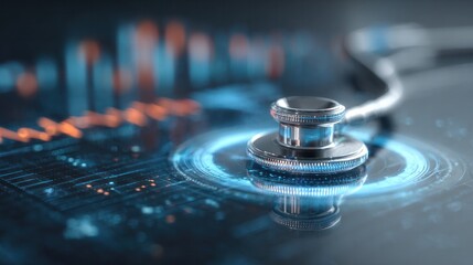 Digital Healthcare Diagnosis: A stethoscope rests amidst an abstract technological backdrop of lines, circuits and patterns, symbolizing the fusion of medicine and technology