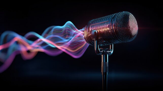 Sound Amplified: An antique microphone stands, emanating waves of sound. The image captures the essence of vocal performance and music production. 