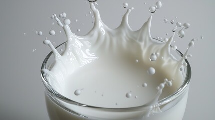 Milk splash effect crown formation in glass high-speed photography liquid droplets frozen motion white background professional studio lighting pristine dairy