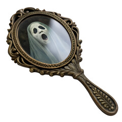 haunted antique hand mirror with a ghost s face on transparent background