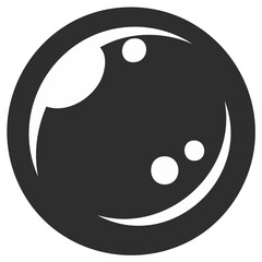 Stylized dark circle with white curved lines and dots representing a face