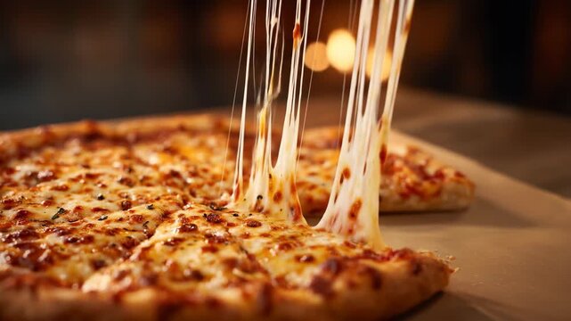 Hot delicious pizza slice lifted with stringy melted cheese pull