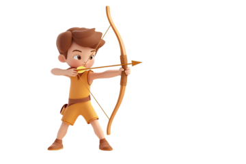 3d Render of Little boy with bow and arrow over transparent background