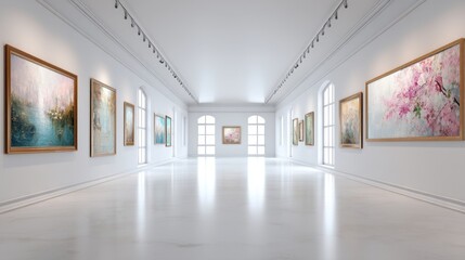 Obraz premium Visitors can see different paintings on the walls of the gallery. The room has bright lighting and large windows. The floor is smooth and shiny.