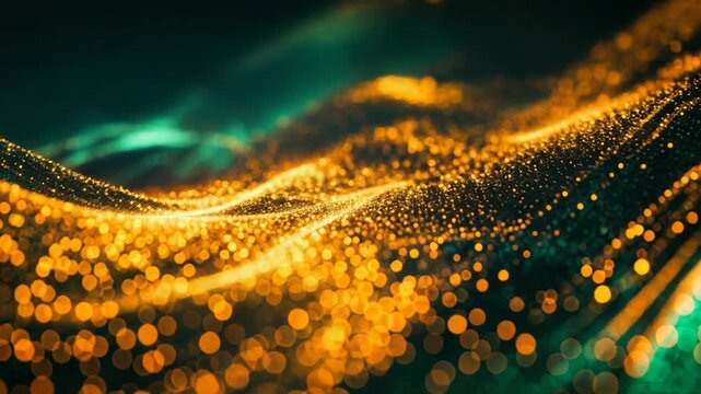 Golden and green particles flowing creating abstract wave patterns
