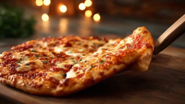 Delicious cheese pizza slice being pulled hot fresh baked food dinner meal appetizer snack golden crust