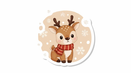 Fototapeta premium Cute cartoon reindeer in red scarf with snowflakes background