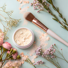 Makeup cosmetic products color background flat lay top view.woman beauty fashion decorative. Set of decorative cosmetics with makeup brushes on colorful background