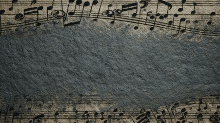 Sheet music background with notes and empty space for text in dark tones