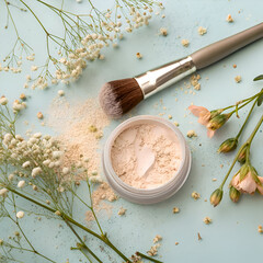 Makeup cosmetic products color background flat lay top view.woman beauty fashion decorative. Set of decorative cosmetics with makeup brushes on colorful background