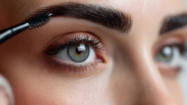 Eyebrow tinting. Master brush dye henna beautiful woman brows in beauty salon. Hand in black gloves applying of brow hair tint with a brush. Procedure Permanent make up tattoo. Cosmetic procedures.