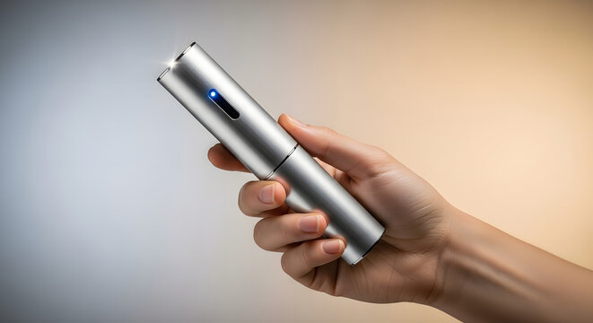 Hand holding modern silver compact led flashlight with blue indicator light