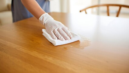 Hands in Gloves Cleaning Wooden Table with Cloth