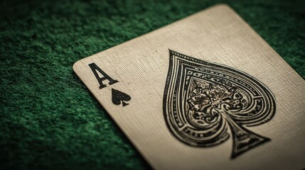 Playing cards with focus on ace of spades on a green felt surface during a card game at night in a social setting with friends gathered around a table